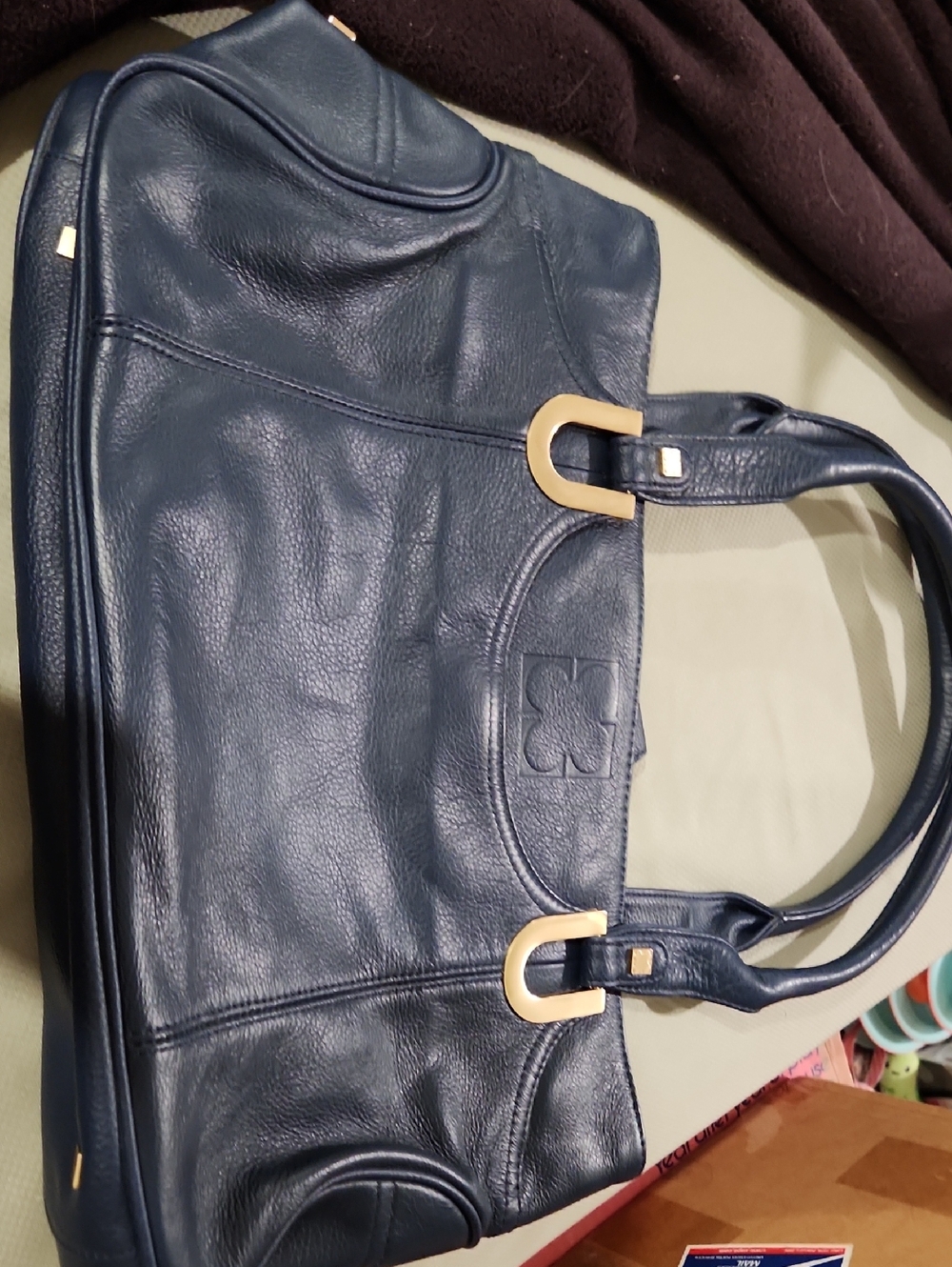 Liz Claiborne Navy Leather Shoulder Bag with Gold Accents